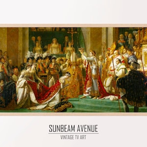 Könnte beinhalten: Ein Gemälde, das die Krönung von Napoleon Bonaparte darstellt. Die Szene spielt in einem großen Saal mit einer großen Menge von Menschen in prunkvollen Kleidern. Napoleon steht im Zentrum des Gemäldes und hält eine Krone über seinem Kopf. Das Gemälde ist voller reicher Farben und Details und fängt die Pracht des Ereignisses ein.