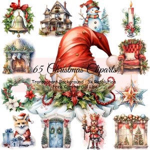 Set of 65 Christmas Clipart Watercolor Bundle, Transparent PNG, Winter Holiday clipart,Digital Download, Card Making - 2076PC