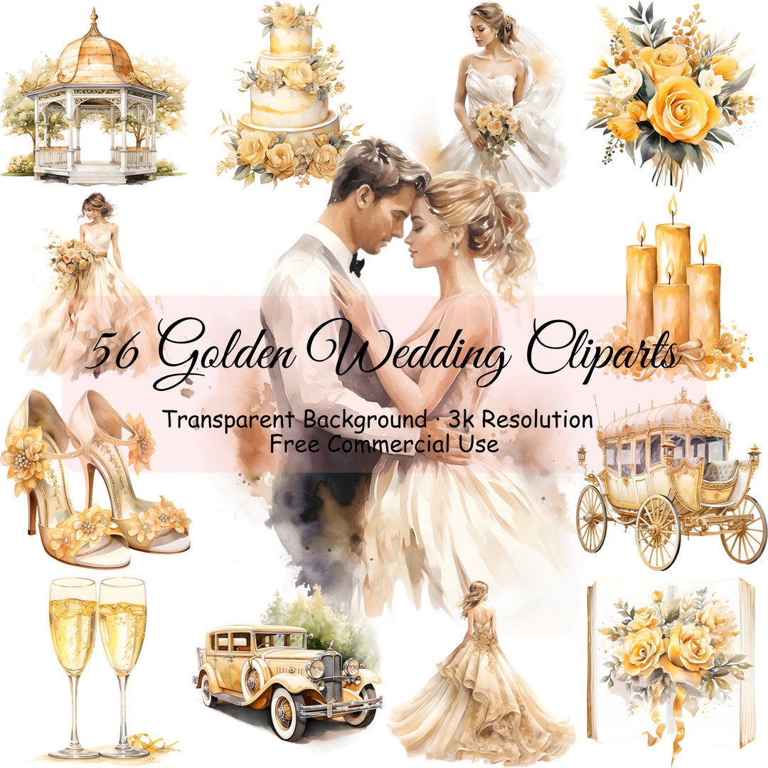 Set of 56 Golden Wedding Day Clipart, Transparent PNG, Just Married