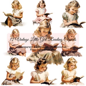 Set von 12 Vintage Mädchen lesen Aquarell Clipart Bundle, transparente PNG, lernen Clipart, Buchliebhaber, Papierhandwerk, Junk - 2144PC