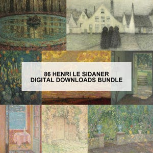 May include: A digital download bundle featuring 86 artworks by Henri Le Sidaner. The image showcases a collage of his paintings, including landscapes, architectural scenes, and garden views, with a variety of color palettes and styles.