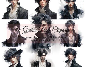 Set of 18 Gothic Boys Watercolor Clipart Bundle, Transparent PNG, Digital Download, Fashion clipart, Card Making Scrapbook Junk - 2152PC