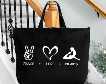 Peace Love Pilates Tote Bag, I Love Pilates Bag, Pilates Lover Gift, Pilates Workout Bag, Pilates Heart Bag, Pilates Teacher Birthday Gift