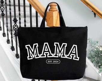Customized Mama Est 2024 Tote Bag, Mothers Day Gift, Gift For Mom, Best Mama Bag, Custom Gift For Mama, New Mom Gift, Zippered Shoulder Bag