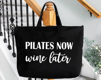 Pilates Now Wine Later Tote Bag, Cute Pilates Bag, Pilates Lover Gift, Funny Pilates Instructor Gift, Pilates Teacher Bag, Pilates Mode Bag