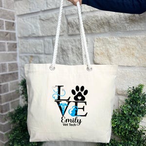 Personalized Vet Tech Tote Bag, Gift For Veterinarian, Love Veterinarian Rope Handle Tote Bag, Vet Tech Week Gift, Dog Lover Paw Print Bag