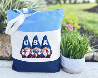 4th of July Tote Bag, Happy 4th of July Tote Bag, Gnomes Tote Bag 4th of July, Cute USA Gnomes, Patriotic Gift Bag, Canvas Tote Bag, USA Bag
