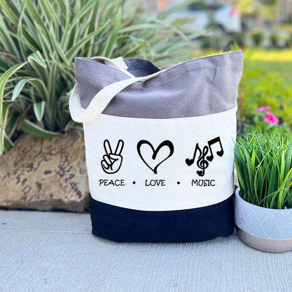 Peace Love Music Tote Bag, Canvas Tote Bag, Music Lover Tote Bag, Music Teacher Gift Tote Bag, Musician Gift, Musical Notes Tote Bag,