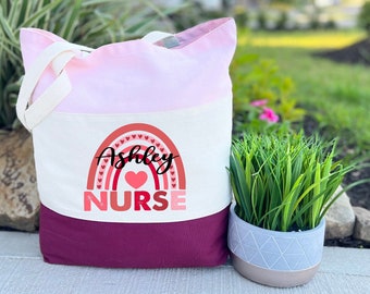 Personalized Valentine gift for Nurse, Custom Valentine Day Tote Bag for Nurse, Nurse Bag, Cute Rainbow Bag, Valentines Day Bag For Women