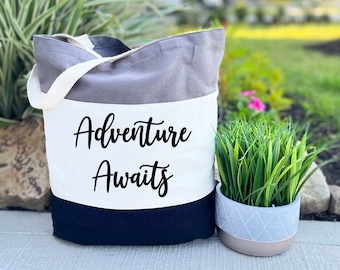 Adventure Awaits Tote Bag, Canvas Tote Bag, Adventure Travel Bag, Adventure More Totes, Camp Lover Gift, Gift for Adventurer, Wedding Bag