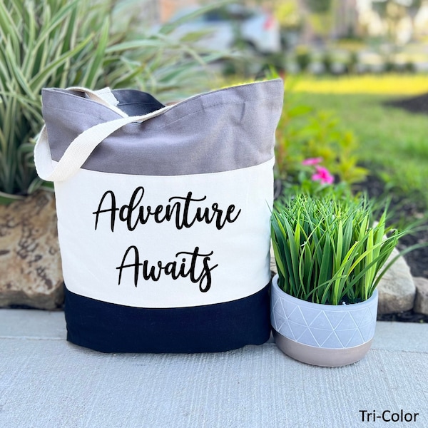 Adventure Awaits Tote Bag, Canvas Tote Bag, Adventure Travel Bag, Adventure More Totes, Camp Lover Gift, Gift for Adventurer, Wedding Bag