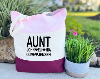 Personalized Aunt Bag, Aunt Bag with Kids Names, Custom Aunt Bag, Kids Names Bag, Birthday Gift for Aunt, Mothers Day Gift Aunt, Canvas Tote