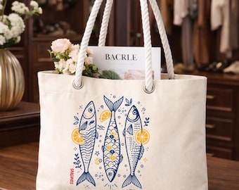 Sardine Tin Fish Bag, Summer Coastal Grandma Canvas Tote, Vintage Seafood Graphic