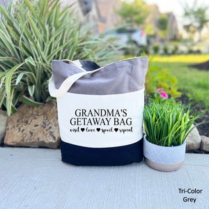 Pu&ograve; includere: Una borsa tote grigia tricolore con il testo "Grandma's Getaway Bag visit love spoil repeat" stampato sul davanti.