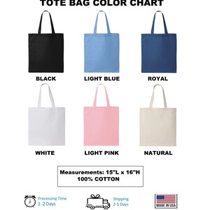 Peut inclure: Un nuancier de sacs fourre-tout noirs, bleu clair, bleu roi, blancs, rose clair et naturels. Les sacs mesurent 38 cm de long et 41 cm de haut, en 100% coton. Le texte sur l'image indique "Nuancier de sacs fourre-tout".