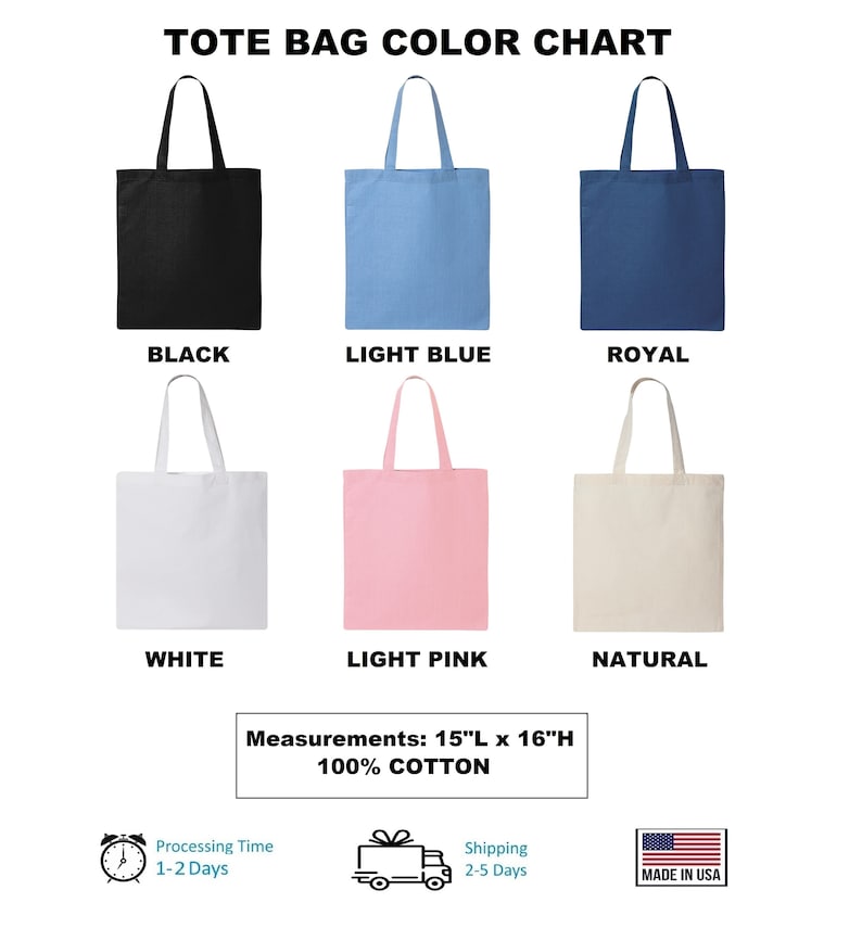 Peut inclure: Un nuancier de sacs fourre-tout noirs, bleu clair, bleu roi, blancs, rose clair et naturels. Les sacs mesurent 38 cm de long et 41 cm de haut, en 100% coton. Le texte sur l'image indique "Nuancier de sacs fourre-tout".