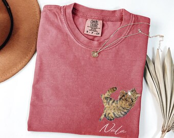 Comfort Colors® Custom Cat Portrait T-Shirt,  Personalized Pet Name Shirt, Watercolor Style Cat Mom Tee