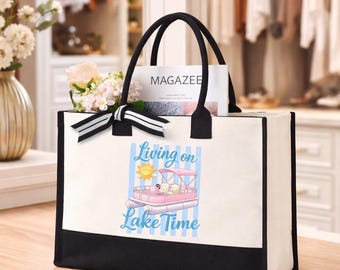 Living On Lake Time, Summer Vacation Beach Tote Bag,  Retro Pontoon Boat Design Canvas