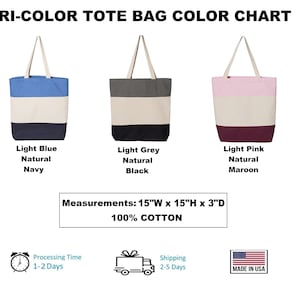 Peut inclure: Un nuancier pr&eacute;sente trois sacs fourre-tout tricolores. Chaque sac mesure 38 cm de large x 38 cm de haut x 8 cm de profondeur et est fabriqu&eacute; en 100 % coton. Les sacs pr&eacute;sentent des combinaisons de couleurs bleu clair/naturel/marine, gris clair/naturel/noir et rose clair/naturel/marron. Le texte indique "TRI-COLOR TOTE BAG COLOR CHART."