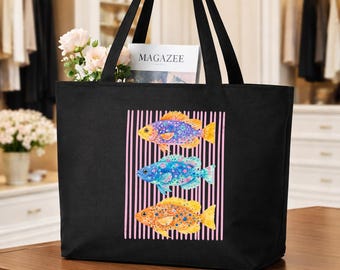Colorful Fishing Graphic Canvas Bag, Vacation Beach Tote, Tropical Fish Trio