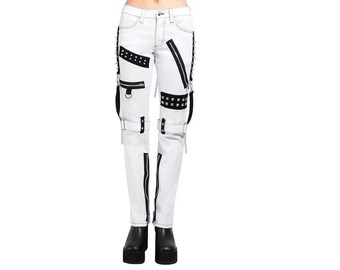 Customize HANDMADE  White Pant PINK Stitch  Gothic Steampunk Punk Morte Pants Buckle Chain Trousers  Strap Zipper Flare Fuse Pants