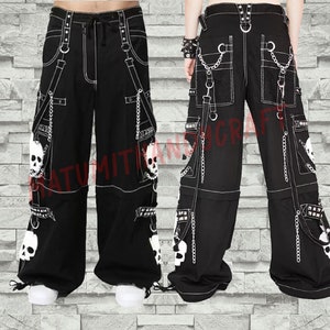 Customize HANDMADE Gothic Bondage 4 white skull  Black Men Pant  Lime Big Skull  Alternative Punk Rock Jeans Emo Trouser Pant   Shorts