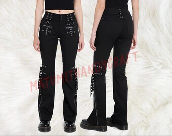 customize HANDMADE women Black Pant Gothic Steampunk Punk Morte Pants Buckle Chain Trousers Grommet Strap Zipper Flare