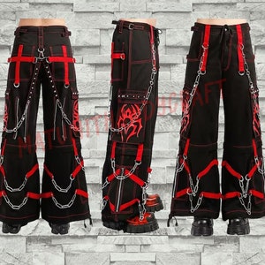 Customize HANDMADE Gothic Black Cargo Pants With Chains Straps,streetwear  Denim Punk ,wide Leg Loose Pants, Goth Trendy Hip Hop Techwear 