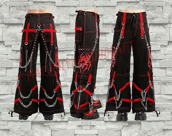 Customize HANDMADE Gothic Black Cargo Pants with Chains Straps,Streetwear Denim Punk ,Wide Leg Loose Pants, Goth Trendy Hip hop Techwear