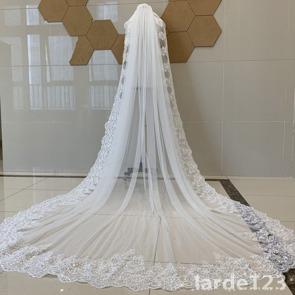 Vintage Hochzeit Pailletten Spitze Schleier, Spitze Kathedrale Brautschleier, einlagig Spitze Schleier, weiß oder ivory Braut Spitze Schleier Mit Pailletten