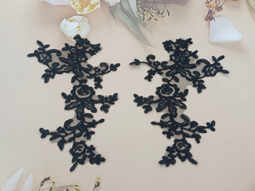 Black Floral Lace Applique Fabric, White/ivory 1 Pair Lace Applique