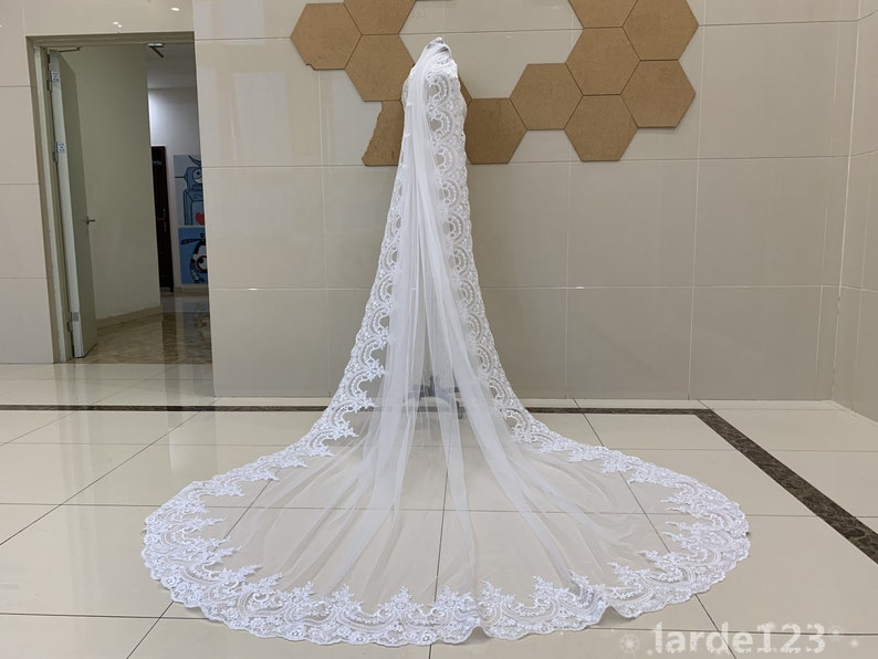Wedding Lace Veil, White One Layer Lace Applique Bridal Wedding Veil ...