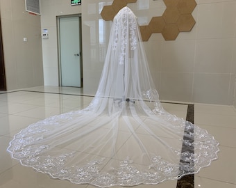 Wedding Sequin Lace Veil, Vintage Cathedral Wedding Bridal Veil, Single Layer Lace Applique Veil, White or Ivory Bridal Lace Sequin Veil