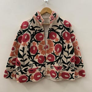 Handmade Suzani Velvet Jacket: Floral Embroidered Bomber Coat