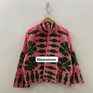Handmade Velvet Suzani Jacket: Pink & Green Embroidered Boho Coat