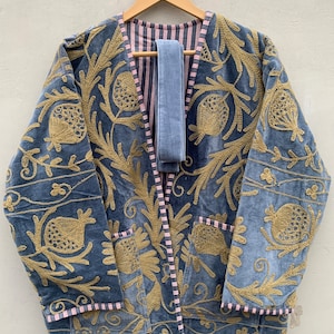 Handmade Velvet Vintage Suzani Winter Short Jacket Kimono | Winter Embroidered Jacket With Pocket | Short Coat One Size | Winter Boho Kimono