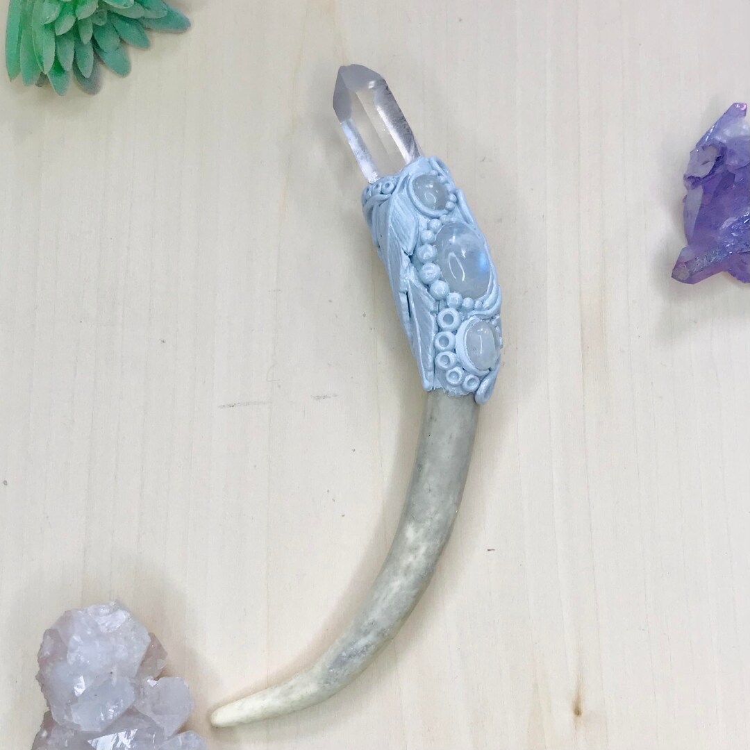 Deer Antler Wand With Rainbow Moonstone Cabochons and Clear Quartz ...