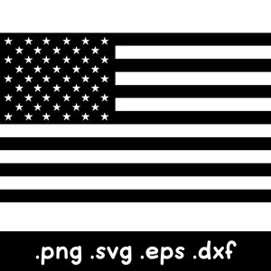 May include: Black and white graphic of the American flag. The flag features 50 white stars in a blue rectangle and 13 alternating black and white stripes. The bottom of the image includes the file types .png .svg .eps .dxf.