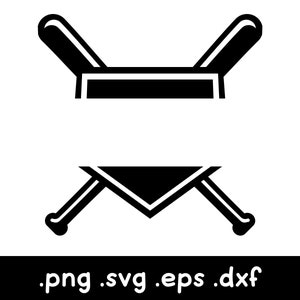 May include: Black and white silhouette of a folding chair in two positions. The chair is open and closed. The image includes the text .png .svg .eps .dxf