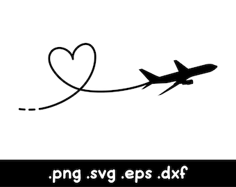 Puede incluir: Una silueta negra de un avión volando en forma de corazón. El avión vuela hacia la derecha y el corazón está dibujado con una línea discontinua.