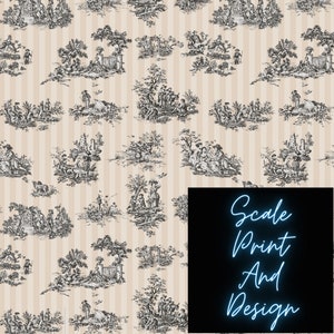 Light Beige Toile French Style Dollhouse Miniature Wallpaper - All Scales Available - Self Adhesive And Fabrics
