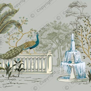 Può includere: Un'illustrazione decorativa di una scena da giardino con una fontana, pavoni e palme. La fontana è in pietra e ha una caratteristica dell'acqua blu. I pavoni sono blu e verdi con code lunghe. Le palme sono verdi e hanno foglie grandi.