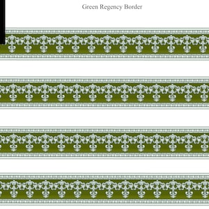Peut inclure: Motif de bordure Green Regency avec un motif répété d'éléments floraux stylisés et ornés en blanc sur un fond vert. Le motif est encadré de fines lignes argentées. Le texte "Scale Print And Design" est dans le coin supérieur gauche.