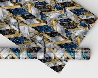 Opulent Blue And Gold Marble Dollhouse Miniature Wallpaper - All Scales Available - Papers, Self Adhesive And Fabrics