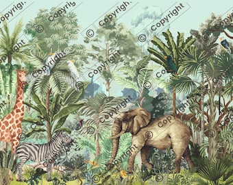 Tropical Jungle Mural  Dollhouse Miniature Wallpaper - All Scales Available - Paper, Self Adhesive or Fabric - Miniature Paper