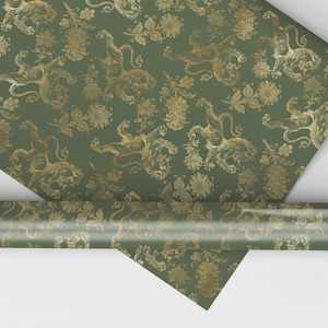 Sage And Gold Lions  Dollhouse Miniature Wallpaper - All Scales Available - Papers, Self Adhesive And Fabrics