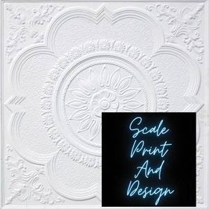 May include: White ceiling tile with a decorative, embossed floral pattern. The tile has a circular design in the center with a smaller circle in the middle. The text "Scale Print And Design" is written in blue neon letters on a black background.