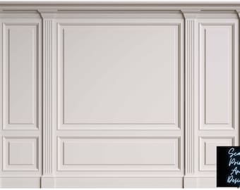 May include: White wall with a decorative panel design. The panel has a raised border and a recessed center. The wall is divided into three sections by two vertical columns.