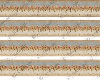 Pink Roses Border or Frieze Sheet  Dollhouse Miniature Wallpaper - All Scales Available - Papers, Self Adhesive - Dollhouse Wallpape
