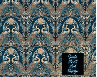 May include: A repeating pattern featuring pairs of peacocks in gold and blue tones, set within ornate arched frames and floral motifs on a dark blue background. A black square overlay in the bottom right corner displays the text Scale Print And Design.